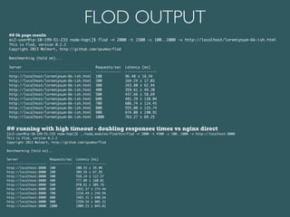FLOD OUTPUT 
## 6k page results 
ec2-user@ip-10-199-51-233 node-hapi]$ flod -n 2000 -t 1500 -c 100..1000 -v http://localhost/loremipsum-6k-ish.html 
This is Flod, version 0.2.2 
Copyright 2013 Walmart, http://github.com/spumko/flod 
! 
Benchmarking (hold on)... 
! 
Server Requests/sec Latency (ms) 
--------------------------------------- ------------ --------------- 
http://localhost/loremipsum-6k-ish.html 100 96.48 ± 18.54 
http://localhost/loremipsum-6k-ish.html 200 164.24 ± 17.03 
http://localhost/loremipsum-6k-ish.html 300 263.80 ± 62.44 
http://localhost/loremipsum-6k-ish.html 400 359.61 ± 49.20 
http://localhost/loremipsum-6k-ish.html 500 437.66 ± 58.69 
http://localhost/loremipsum-6k-ish.html 600 481.29 ± 120.04 
http://localhost/loremipsum-6k-ish.html 700 606.74 ± 114.45 
http://localhost/loremipsum-6k-ish.html 800 555.08 ± 133.74 
http://localhost/loremipsum-6k-ish.html 900 674.08 ± 190.91 
http://localhost/loremipsum-6k-ish.html 1000 763.27 ± 69.25 
## running with high timeout - doubling responses times vs nginx direct 
[ec2-user@ip-10-199-51-233 node-hapi]$ ../node_modules/flod/bin/flod -n 2000 -t 4500 -c 100..1000 -v http://localhost:8000 
This is Flod, version 0.2.2 
Copyright 2013 Walmart, http://github.com/spumko/flod 
! 
Benchmarking (hold on)... 
! 
Server Requests/sec Latency (ms) 
--------------------- ------------ ---------------- 
http://localhost:8000 100 200.55 ± 39.40 
http://localhost:8000 200 389.54 ± 67.39 
http://localhost:8000 300 558.14 ± 112.57 
http://localhost:8000 400 777.09 ± 160.01 
http://localhost:8000 500 970.61 ± 305.76 
http://localhost:8000 600 1032.37 ± 274.44 
http://localhost:8000 700 1216.49 ± 249.94 
http://localhost:8000 800 1483.31 ± 690.64 
http://localhost:8000 900 1559.54 ± 805.31 
http://localhost:8000 1000 1909.23 ± 845.81 
 