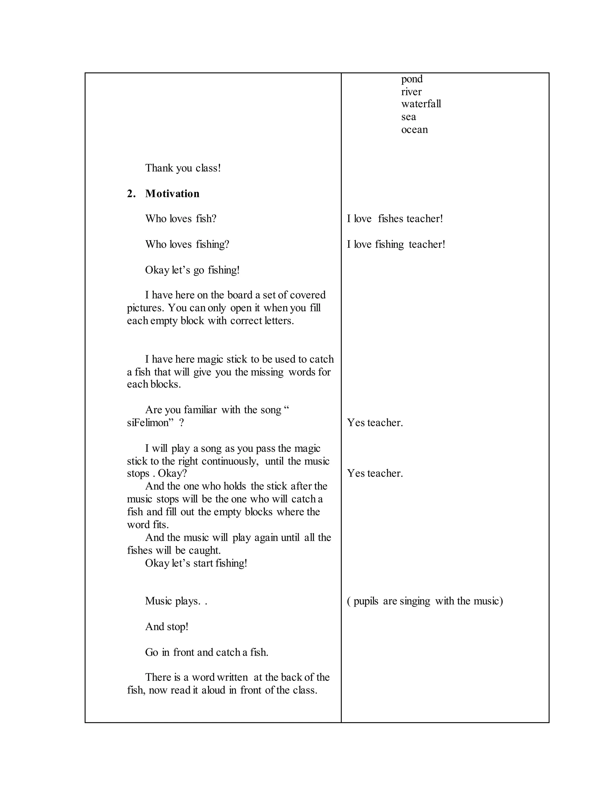 Thank you class!
2. Motivation
Who loves fish?
Who loves fishing?
Okay let’s go fishing!
I have here on the board a set of covered
pictures. You can only open it when you fill
each empty block with correct letters.
I have here magic stick to be used to catch
a fish that will give you the missing words for
each blocks.
Are you familiar with the song “
siFelimon” ?
I will play a song as you pass the magic
stick to the right continuously, until the music
stops . Okay?
And the one who holds the stick after the
music stops will be the one who will catch a
fish and fill out the empty blocks where the
word fits.
And the music will play again until all the
fishes will be caught.
Okay let’s start fishing!
Music plays. .
And stop!
Go in front and catch a fish.
There is a word written at the back of the
fish, now read it aloud in front of the class.
pond
river
waterfall
sea
ocean
I love fishes teacher!
I love fishing teacher!
Yes teacher.
Yes teacher.
( pupils are singing with the music)
 