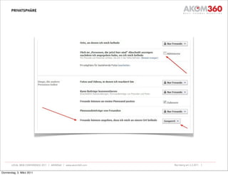 PRIVATSPHÄRE




       LOCAL WEB CONFERENCE 2011 | AKOM360 | www.akom360.com   Nürnberg am 3.3.2011 |


Donnerstag, 3. März 2011
 