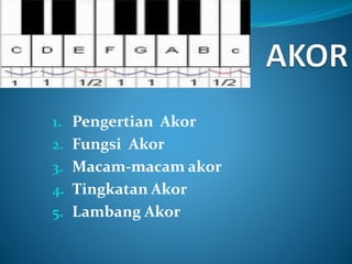 1. Pengertian Akor
2. Fungsi Akor
3. Macam-macam akor
4. Tingkatan Akor
5. Lambang Akor
 