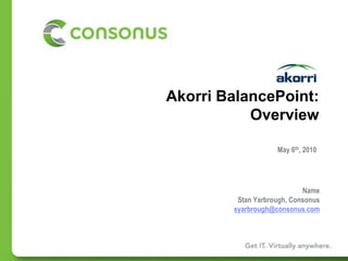 Akorri BalancePoint:Overview May 6th, 2010 NameStan Yarbrough, Consonus syarbrough@consonus.com 