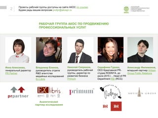 ОБРАЗЕЦ ЗАГОЛОВКА
Образец текста
РАБОЧАЯ ГРУППА АКОС ПО ПРОДВИЖЕНИЮ
ПРОФЕССИОНАЛЬНЫХ УСЛУГ
2
Николай Сапронов,
руководитель рабочей
группы, директор по
развитию бизнеса
Primum
Серафима Гурова,
CEO Креативной PR-
студии RODNYA, до
июля 2015 г. , Head of PR
Department R&I (RCG)
Александр Филимонов,
младший партнер Artisan
Group Public Relations
Владимир Блинов,
руководитель отдела
R&D агентства
медийных исследований
Ex Libris
Инна Алексеева,
генеральный директор
PR Partner
Аналитический
партнер исследования
Проекты рабочей группы доступны на сайте АКОС по ссылке.
Будем рады вашим вопросам profpr@akospr.ru
 
