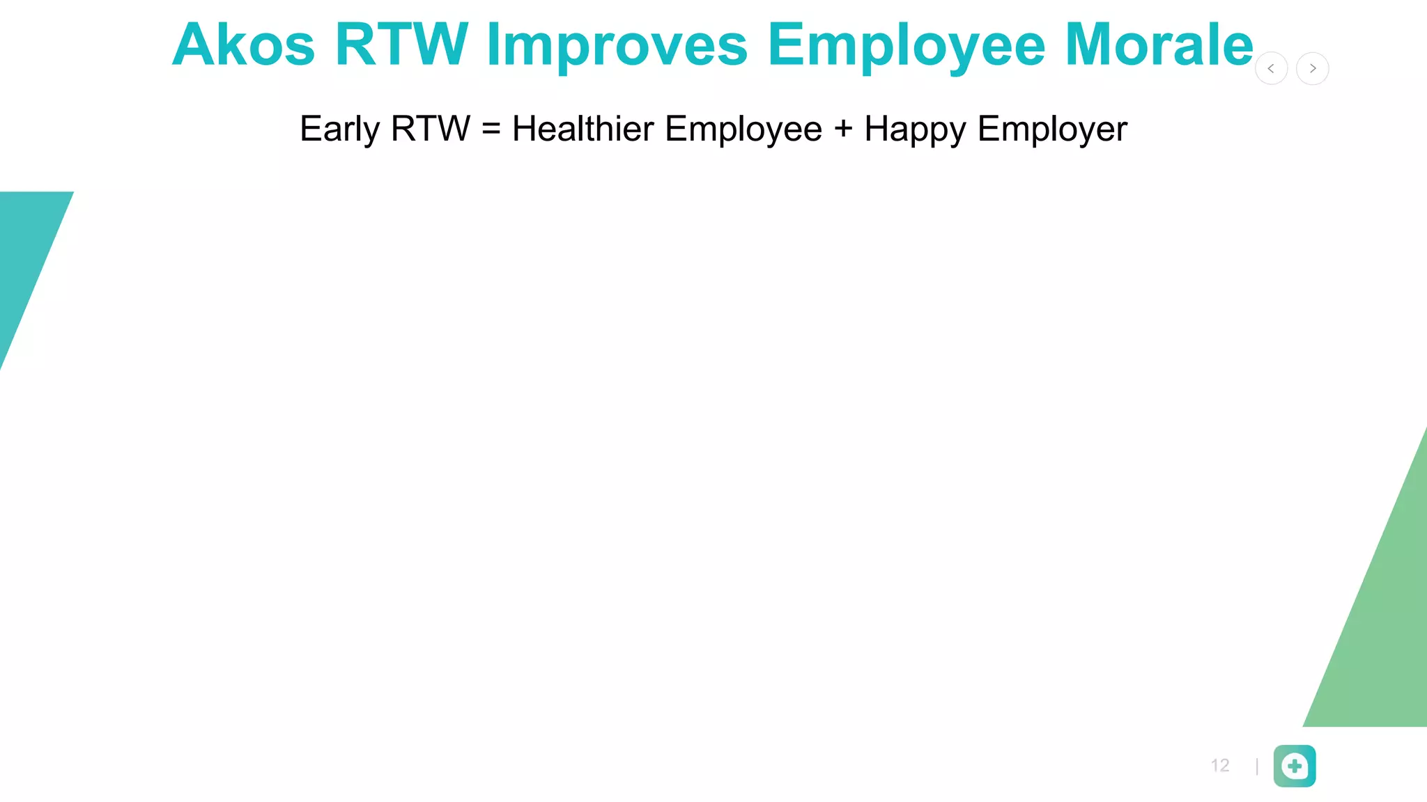 12 |
Benefits of Early Return to Work on Physical and Mental
Health
 Gives purpose in life, confidence, self-esteem and happiness
 Keeps employee busy, challenged, and helps with personal development
 Gives sense of pride, identity and personal achievement
 Promotes recovery and rehabilitation
 Improves quality of life and well-being by improving physical and mental
health
Akos RTW Improves Employee Morale
Early RTW = Healthier Employee + Happy Employer
 