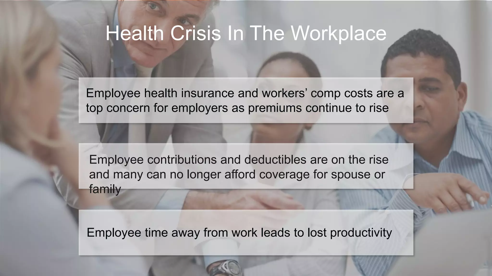 3 |
Employee health insurance and workers’ comp costs are a
top concern for employers as premiums continue to rise
Employee contributions and deductibles are on the rise
and many can no longer afford coverage for spouse or
family
Employee time away from work leads to lost productivity
Health Crisis In The Workplace
 
