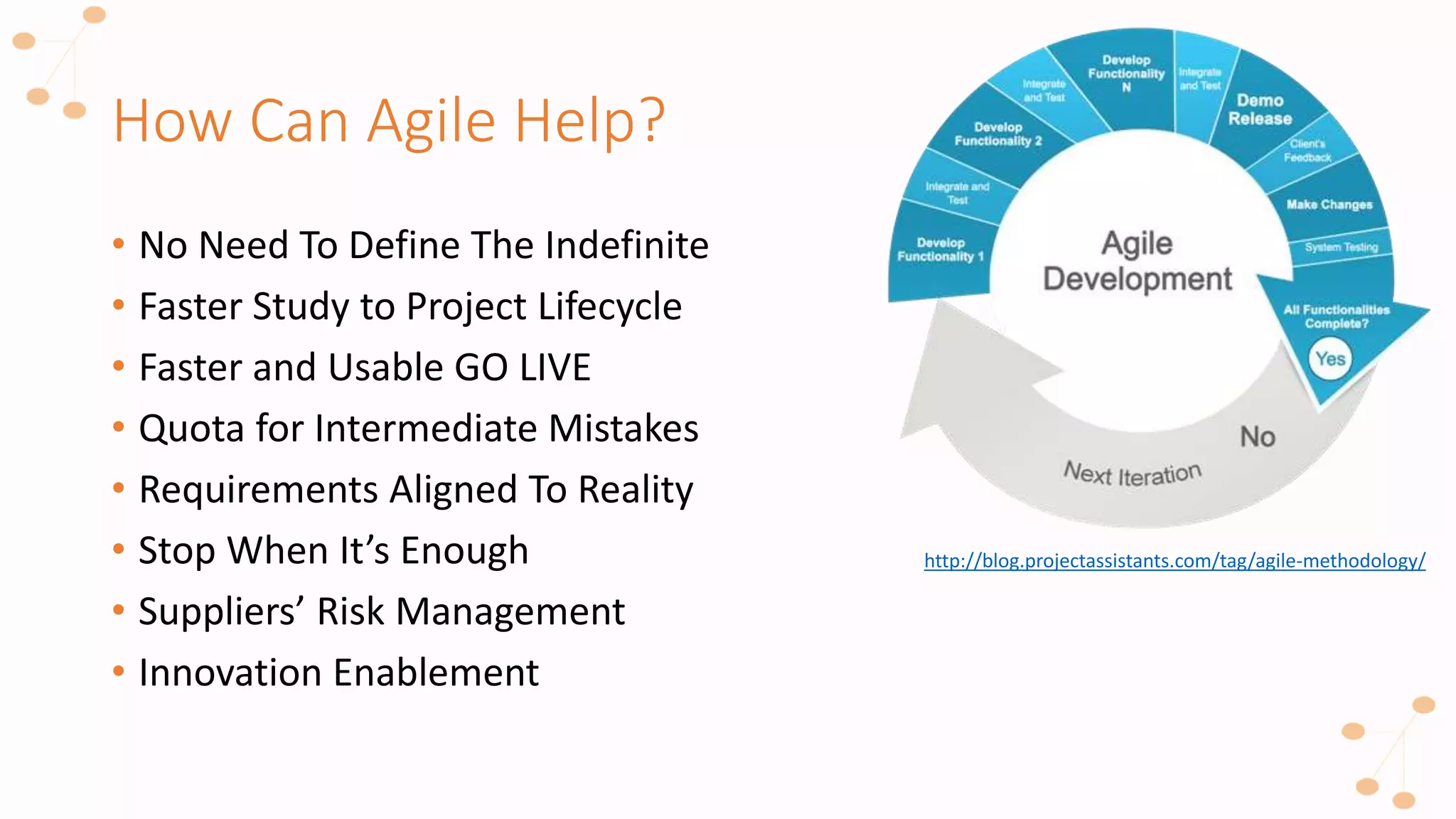 How Can Agile Help?
• No Need To Define The Indefinite
• Faster Study to Project Lifecycle
• Faster and Usable GO LIVE
• Quota for Intermediate Mistakes
• Requirements Aligned To Reality
• Stop When It’s Enough
• Suppliers’ Risk Management
• Innovation Enablement
http://blog.projectassistants.com/tag/agile-methodology/
 