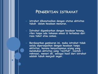 PENGERTIAN






ISTRAHAT

istrahat dikonotasikan dengan status aktivitas
tubuh dalam keadaan menurun.
Istrahat digambarkan dengan keadaan tenang,
rilex tanpa ada tekanan emosi & terbebas dari
rasa takut atau cemas.
Berdasarkan gambaran ini, maka istrahat tidak
selalu dipersepsikan dengan keadaan tanpa
aktivitas, karena kenyataannya orang yang
melakukan aktivitas yang “restfull”, Contoh :
rekreasi, menari dll, sebagai hasil dari istrahat
adalah tubuh menjadi segar.

 