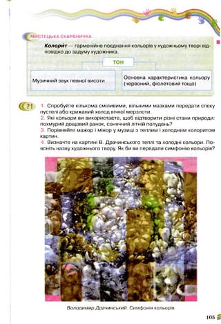 МИСТЕЦЬКА СКАРБНИЧКА
Колорит — гармонійне поєднання кольорів у художньому творі від­
повідно до задуму художника.
Музичний звук певної висоти
ТОН
Основна характеристика кольору
(червоний, фіолетовий тощо)
1. Спробуйте кількома сміливими, вільними мазками передати спеку
пустелі або крижаний холод вічної мерзлоти.
2. Які кольори ви використаєте, щоб відтворити різні стани природи:
похмурий дощовий ранок, сонячний літній полудень?
3. Порівняйте мажор і мінор у музиці з теплим і холодним колоритом
картин.
4. Визначте на картині В. Драчинського теплі та холодні кольори. По­
ясніть назву художнього твору. Як би ви передали симфонію кольорів?
Володимир Драчинський. Симфонія кольорів
 