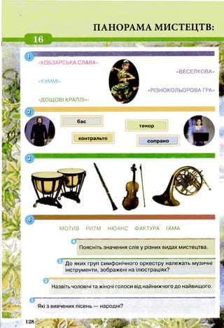 ПАНОРАМА МИСТЕЦТВ:
я л и
«КОБЗАРСЬКА СЛАВА»
«КУМ МІ»
«ДОЩОВІ КРАПЛІ»
«ВЕСЕЛКОВА»
«РІЗНОКОЛЬОРОВА ГРА»
бас
тенор
контральто
сопрано
■ ,,
*
МОТИВ РИТМ НЮАНС ФАКТУРА ГАМА
О
Поясніть значення слів у різних видах мистецтва.
До яких груп симфонічного оркестру належать музичні
інструменти, зображені на ілюстраціях?
в -----------------------------------------------------------------------------------------------------
Назвіть чоловічі та жіночі голоси від найнижчого до найвищого.
Які з вивчених пісень — народні?
 
