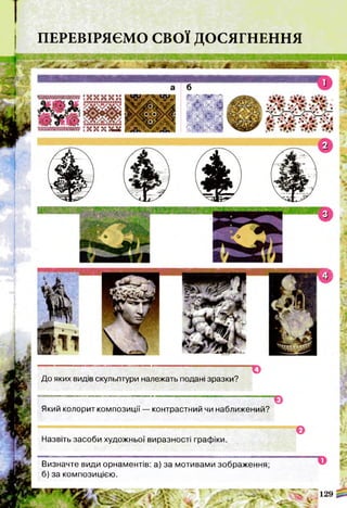ПЕРЕВІРЯЄМО СВОЇ ДОСЯГНЕННЯ
МЙ& т ш & ш ь
і »иял* япк
V V V Ч* VА./Ч/Айт і
До яких видів скульптури належать подані зразки?
Який колорит композиції — контрастний чи наближений?
Назвіть засоби художньої виразності графіки.
Визначте види орнаментів: а) за мотивами зображення;
б) за композицією.
 