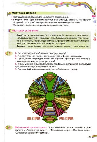 Мистецькі поради
• Побудуйте композицію для циркового запрошення.
• Використайте оригінальний шрифт (наприклад, створіть «танцюючі»
літери або літеру-образ з улюбленим цирковим персонажем).
• Прикрасьте запрошення декором на циркову тему.
( МИСТЕЦЬКА СКАРБНИЧКА
Амфітеатр (від грец. атрґіі —з двох сторін і іїе а іїо п - видовище,
«подвійний театр») — спочатку: спосіб розміщення місць для гляда­
чів в античному театрі. Вданий час амфітеатром називають місця в
залі для глядачів в театрі і цирку за партером.
Балкон — верхні місця у театрі для глядачів, в цирку — для оркестру.
? І 1. Які архітектурні особливості споруди цирку?
2. Поміркуйте, чому цирк часто має купол у формі напівшару.
3. Пригадайте літературні твори і кінофільми про цирк. Про яких цир­
кових персонажів у них згадувалося?
4. У вільну хвилину віднайдіть твори графіки, живопису або скульптури,
присвячені темі циркового мистецтва.
5. Проаналізуйте і поясніть схему залу Львівського цирку.
(и ІІ- М истецький проект «Цирк». Орієнтовні теми: «Цирк Шапіто», «Цирк-
вар’єте», «Архітектура цирку», «Фільми про цирк», «Пісні про цирк»,
«Словничок циркових термінів».
 