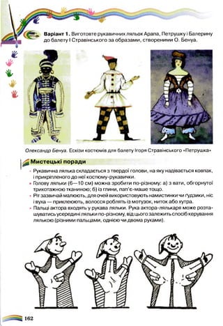(Й К і. Варіант 1. Виготовте рукавичних ляльок Арапа, Петрушку і Балерину
до балету І Стравінського за образами, створеними О. Бенуа.
Ш
Ф
%
г
Олександр Бенуа. Ескізи костюмів для балету Ігоря Стравінського «Петрушка»
^ Мистецькі поради
• Рукавична лялька складається з твердої голови, на яку надівається ковпак,
і прикріпленого до неї костюму-рукавички.
• Голову ляльки (6—10 см) можна зробити по-різному: а) з вати, обгорнутої
трикотажною тканиною; б) із глини, пап’є-маше тощо.
• Ріт зазвичай малюють, для очей використовують намистинки чи ґудзики, ніс
і вуха — приклеюють, волосся роблять із мотузок, ниток або хутра.
• Пальці актора входять у рукава ляльки. Рука актора-лялькаря може розта­
шуватись усередині ляльки по-різному, від цього залежить спосіб керування
лялькою (різними пальцами, однією чи двома руками).
 