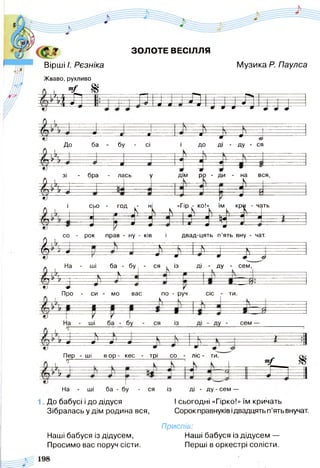 Вірші І. Рєзніка
Жваво, рухливо
т/ %
ЗОЛОТЕ ВЕСІЛЛЯ
і
ш
Музика Р. Паулса
тЯЦ-і і П тїт •
^— ч------ : ......
------------- Ф------------- а
р. ---- -я —ф
.... ' і
-)------
Фй= 1 * = 3 ..............
До ба - бу - сі і до ді - ду - ся
Е Е 1
зі - бра - лась у дім ро - ди - на вся,
І£
с
а
>0 - год
*— 0
н N
«г
м
ір .- ко!»
М=^
ЇМ
П г
крь - чать
м =
---------- « ?— 3 . а — Ф
— щ £
ф
. - Л
. со - рок прав - ну - ків і двад-цять п ять вну - чат.
П 1
У —
Р ---------
К— <------ Ц ---------і---------------к --------- -----------------------
Т О * -Ф --------------
-------------ф
і —
ф
і ------
1 J І г _ 3
На - ші ба - бу - ся , із ді - ду - сем,
З Е
Ш
Ес
Про - си - мо вас по - руч сіс - ти
ВЕ
^-------- -------------- р---------- к,... ■ ----------;---------- ;----------------------- >-------------- г
9 т ------------ Фі------ J і ------ • ------
* = 3
іт
Пер - ші в о р - кес - трі со - л іс- ти.
і -------------------------------------------------1
НЕ
т /
На - ші ба - бу - ся із ді - ду - сем —
1. До бабусі і до дідуся І сьогодні «Гірко!» їм кричать
Зібралась у дім родина вся, Сорок правнуків ідвадцять п’ять внучат.
Приспів:
Наші бабуся із дідусем, Наші бабуся із дідусем —
Просимо вас поруч сісти. Перші в оркестрі солісти.
 