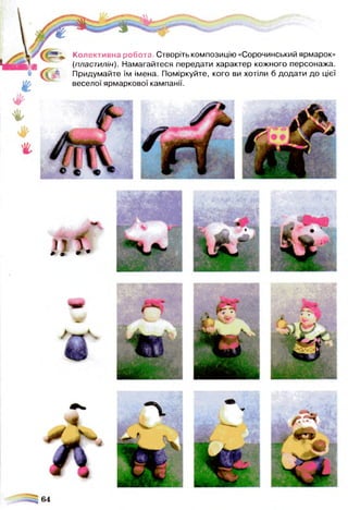 Колективна робота. Створіть композицію «Сорочинський ярмарок»
(пластилін). Намагайтеся передати характер кожного персонажа.
Придумайте їм імена. Поміркуйте, кого ви хотіли б додати до цієї
веселої ярмаркової кампанії.
П 0 т * •
 
