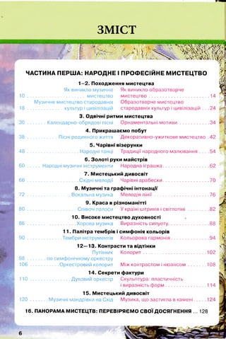 ЗМІСТ
і 
і
і
<3
ЧАСТИНА ПЕРША: НАРОДНЕ І ПРОФЕСІЙНЕ МИСТЕЦТВО
1-2. Походження мистецтва
Як виникло музичне Як виникло образотворче
1 0 ............................................мистецтво мистецтво........................................... 14
Музичне мистецтво стародавніх Образотворче мистецтво
1 8 ........................культур і цивілізацій стародавніх культур і цивілізацій . . .24
3. Одвічні ритми мистецтва
ЗО ............Календарно-обрядові пісні Орнаментальні мотиви......................34
4. Прикрашаємо побут
3 8 ....................Пісні родинного життя Декоративно-ужиткове мистецтво .42
5. Чарівні візерунки
4 8
.
Народні танці Традиції народного малювання ... .54
6. Золоті руки майстрів
6 0 ........Народні музичні інструменти Народна іграшка......................................... 62*
7. Мистецький дивосвіт
6 6 ......................................Східні мелодії Чарівні арабески...................................70 «
8. Музичні та графічні інтонації
7 2 ................................ Вокальна музика Мелодія л ін ії.........................................76 *1
ШУЛ
9. Краса в різноманітті
8 0 .....................................Співочі голоси У країні штрихів і світлотіні.................82
10. Високе мистецтво духовності
8 6 ....................................Хорова музика Виразність силуету............................... 88
11. Палітра тембрів і симфонія кольорів
9 0 ..........................Тембри інструментів Кольорова гармонія................................... 94
12—13. Контрасти та відтінки ^
Путівник Колорит......................................................102
9 8 ............по симфонічному оркестру
1 0 6
.
Оркестровий колорит Між контрастом і нюансом.................................108
14. Секрети фактури
1 10
.
Духовий оркестр Скульптура: пластичність
і виразність форм.....................................114
15. Мистецький дивосвіт
1 2 0 ............Музичні мандрівки на Схід Музика, що застигла в камені.........124
16. ПАНОРАМА МИСТЕЦТВ: ПЕРЕВІРЯЄМО СВОЇ ДОСЯГНЕННЯ ... 128
О
 