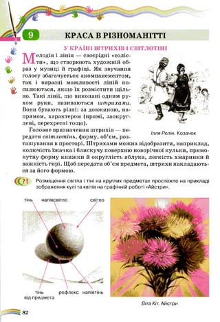 КРАСА В РІЗНОМАНІТТІ
У КРАЇНІ ШТРИХІВ І СВІТЛОТІНІ
елодія і лінія — своєрідні «соліс­
ти», що створюють художній об­
раз у музиці й графіці. Як звучання
Ш
/ м
голосу збагачується акомпанементом,
#
г
так і виразні можливості ліній по­
силюються, якщо їх розмістити щ іль­
но. Такі лінії, що виконані одним ру­
хом руки, називаються штрихами.
Вони бувають різні: за довжиною, на­
прямом, характером (прямі, заокруг­
лені, перехресні тощо).
Головне призначення штрихів — пе- , „
Ілля Рєпін. Козачок
редати світлотінь, форму, об єм, роз­
ташування в просторі. Штрихами можна відобразити, наприклад,
колючість їжачка і блискучу поверхню новорічної кульки, прямо­
кутну форму книж ки й округлість яблука, легкість хмаринки й
важкість гирі. Щоб передати об’єм предмета, штрихи накладають­
ся за його формою.
Ф ! Розміщення світла і тіні на круглих предметах простежте на прикладі
зображення кулі та квітів на графічній роботі «Айстри».
світло
тінь рефлекс напівтінь
від предмета
!.
Віта Кіт. Айстри
, 82
 