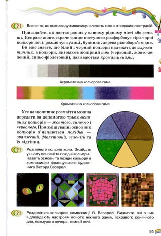 7 1 Визначте, до якого виду живопису належить кожна з поданих ілюстрацій.
Пригадайте, як настає ранок у вашому рідному місті або сели­
щі. Яскраве жовтогаряче сонце поступово розфарбовує сіро-чорні -д
кольори ночі, розцвічує вулиці, будинки, дерева різнобарв’ям дня. *
Ви вже знаєте, що білий і чорний кольори належать до ахрома­
т ичних, а кольори, які мають колірний тон (червоний, жовто-зе-
лений, синьо-фіолетовий), називаються хроматичними.
Ахроматична кольорова гама
Хроматична кольорова гама
Усе навколишнє розмаїття можна
передати за допомогою трьох осно­
вних кольорів — жовтого, синього і
червоного. При змішуванні основних
кольорів з’являю ться похідні —
оранжевий, фіолетовий, зелений та
їх відтінки.
71 Розгляньте колірне коло. Знайдіть
у ньому основні та похідні кольори.
Назвіть основні та похідні кольори в
композиціях французького худож­
ника Віктора Вазарелі.
С 7 ! Роздивіться кольорові композиції В. Вазарелі. Визначте, які з них
відповідають настроям ясного ніжного ранку, яскравого сонячного
дня, похмурого вечора, темної ночі.
95
 