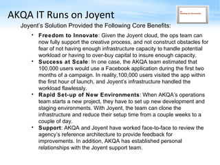 AKQA IT Runs on Joyent <ul><li>Joyent’s Solution Provided the Following Core Benefits: </li></ul><ul><ul><li>Freedom to In...