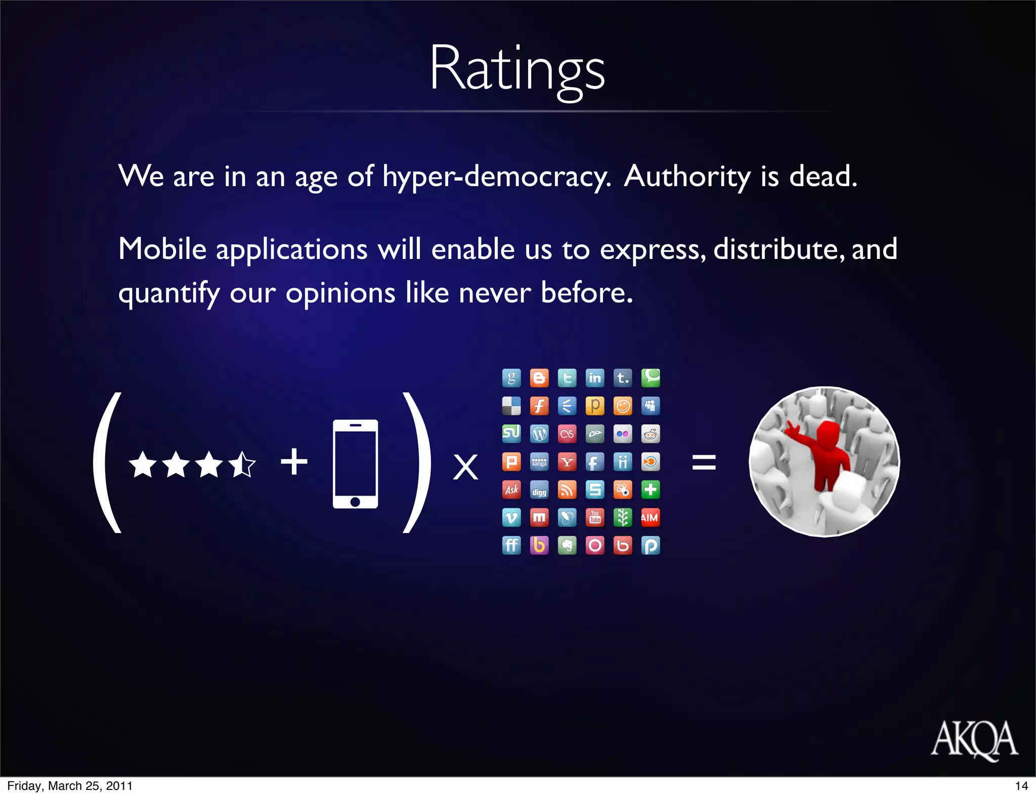 Ratings
                   We are in an age of hyper-democracy. Authority is dead.

                   Mobile applications will enable us to express, distribute, and
                   quantify our opinions like never before.




                               +             X                  =




Friday, March 25, 2011                                                              14
 