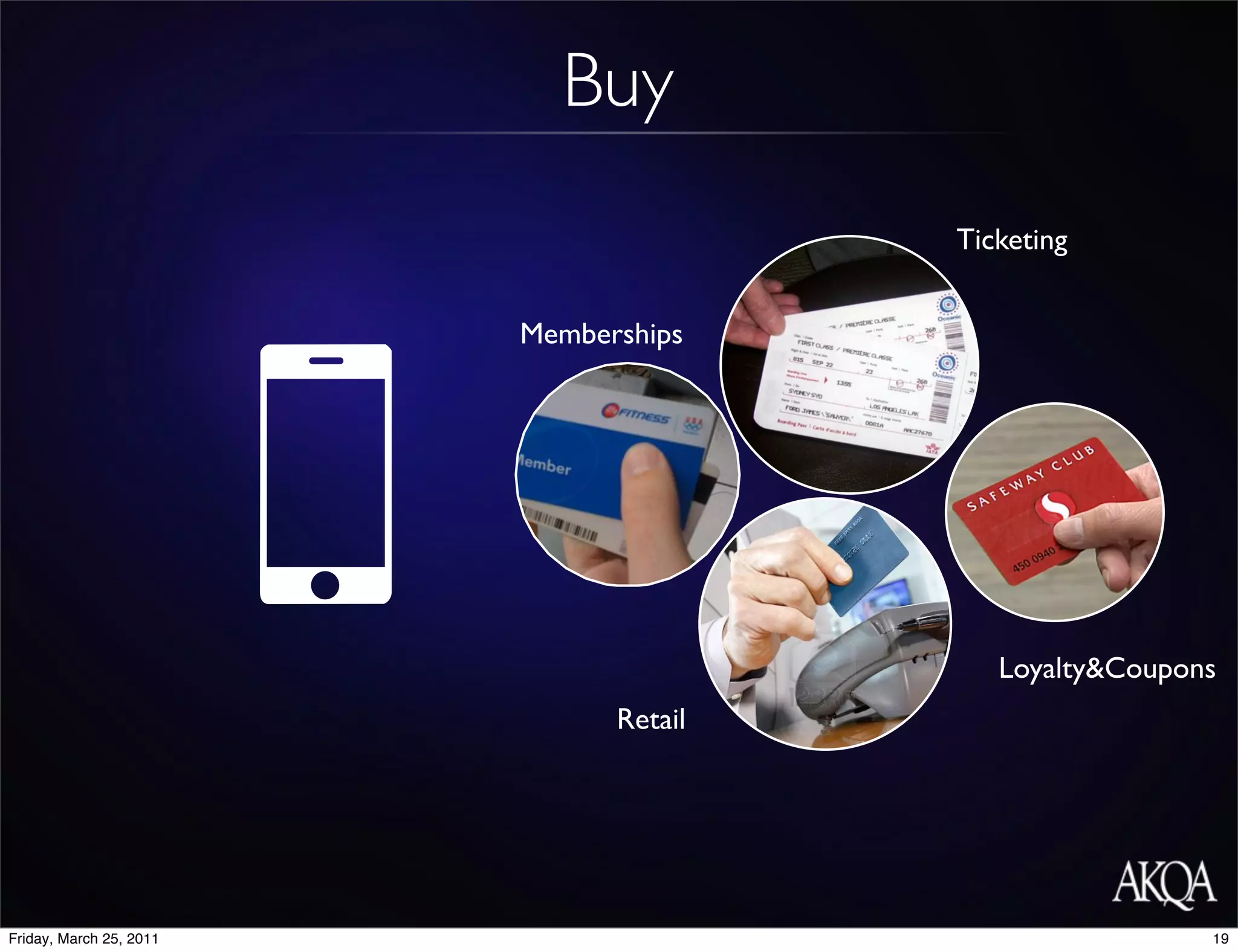 Buy
                                        Ticketing


                         Memberships




                                           Loyalty&Coupons
                               Retail




Friday, March 25, 2011                                   19
 