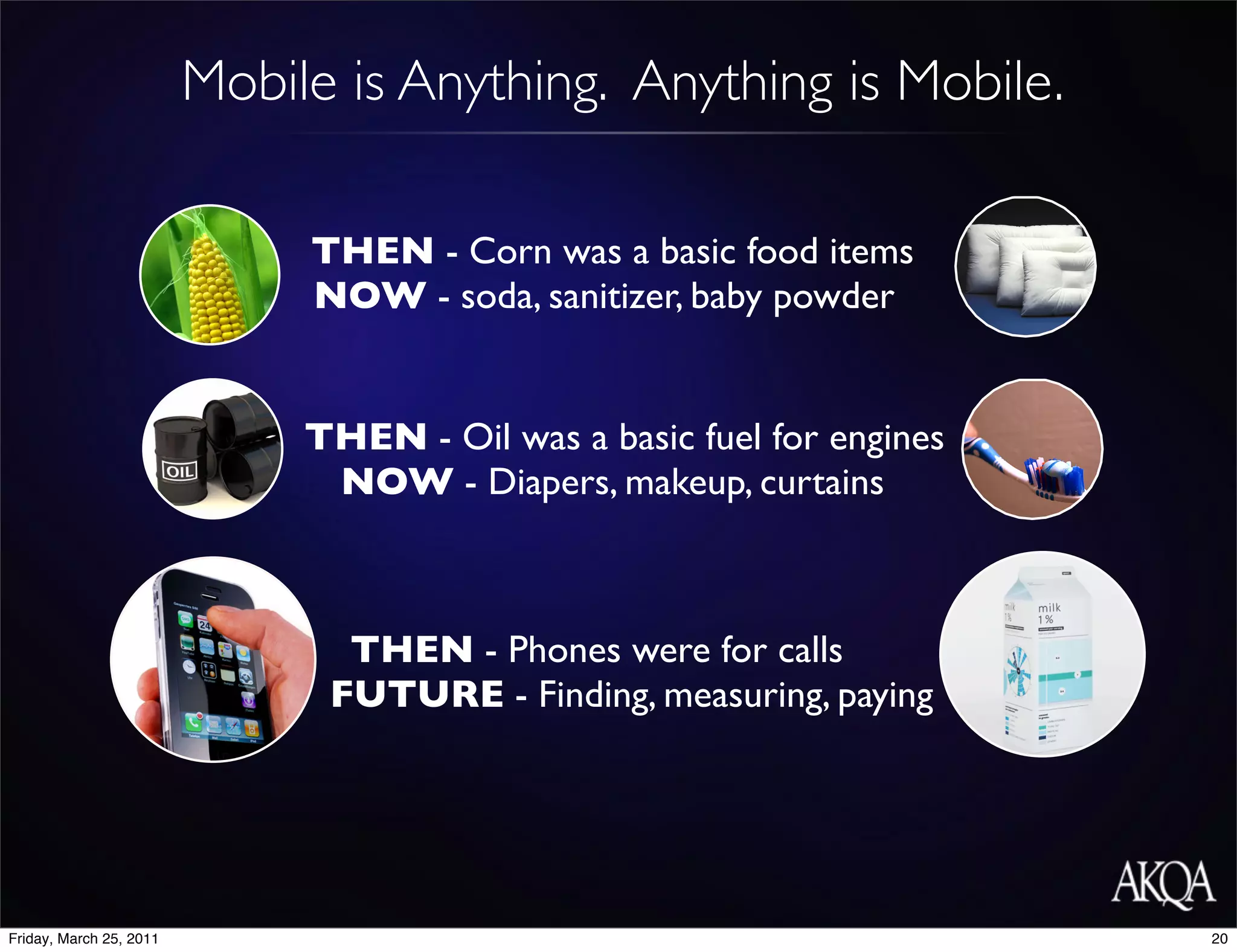 Mobile is Anything. Anything is Mobile.

                              THEN - Corn was a basic food items
                              NOW - soda, sanitizer, baby powder


                              THEN - Oil was a basic fuel for engines
                               NOW - Diapers, makeup, curtains



                                THEN - Phones were for calls
                               FUTURE - Finding, measuring, paying




Friday, March 25, 2011                                                  20
 