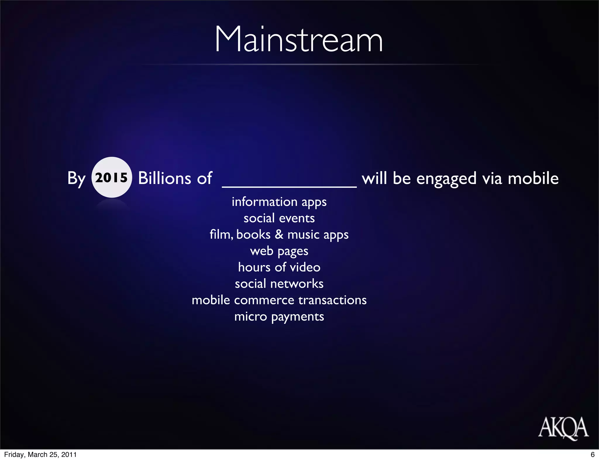 Mainstream


                  By     2015   Billions of _____________ will be engaged via mobile
                                            information apps
                                               social events
                                        ﬁlm, books & music apps
                                                web pages
                                              hours of video
                                             social networks
                                      mobile commerce transactions
                                             micro payments




Friday, March 25, 2011                                                                 6
 