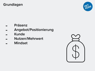 - Präsenz
- Angebot/Positionierung
- Kunde
- Nutzen/Mehrwert
- Mindset
Grundlagen
 