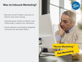 Was ist Inbound Marketing?
Pull Marketing
“Neues Marketing”
- Benutzer hat ein Problem und sucht im
Internet nach einer Lösung.
- Typischerweise möchte ein Nutzer noch
nichts kaufen, sondern sich informieren.
- Kunde evaluiert verschiedene Angebote
und sucht sich die beste Option
 