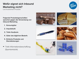 Wofür eignet sich Inbound
Marketing nicht?
Low Involvement Produkte
Folgende Produkteigenschaften
sprechen gegen die Verwendung von
Inbound Marketing
1. Konsumgüter
2. Impulskäufe
3. Tiefer Kaufpreis
4. Güter des täglichen Bedarfs
5. Einfache Produkte und
Dienstleistungen
➡ Tiefe Informationsbeschaffung
(Spontankäufe)
 
