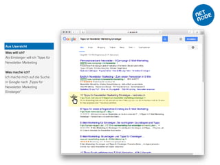 Was will ich?
Als Einsteiger will ich Tipps für
Newsletter Marketing
Was mache ich?
Ich mache mich auf die Suche
in Google nach „Tipps für
Newsletter Marketing
Einsteiger“
Aus Usersicht
 