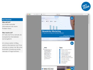 Was will ich?
Ich erhalte wertvolle
Informationen die meine
Problem lösen.
Was mache ich?
Ich habe die Firma netnode als
kompetenten Dienstleister
kennengelernt.
Ich schaue weiter im Blog,
welche Informationen die Firma
netnode zu bieten hat. Bei einer
konkreten Umsetzung würde
netnode in Frage kommen.
Aus Usersicht
 