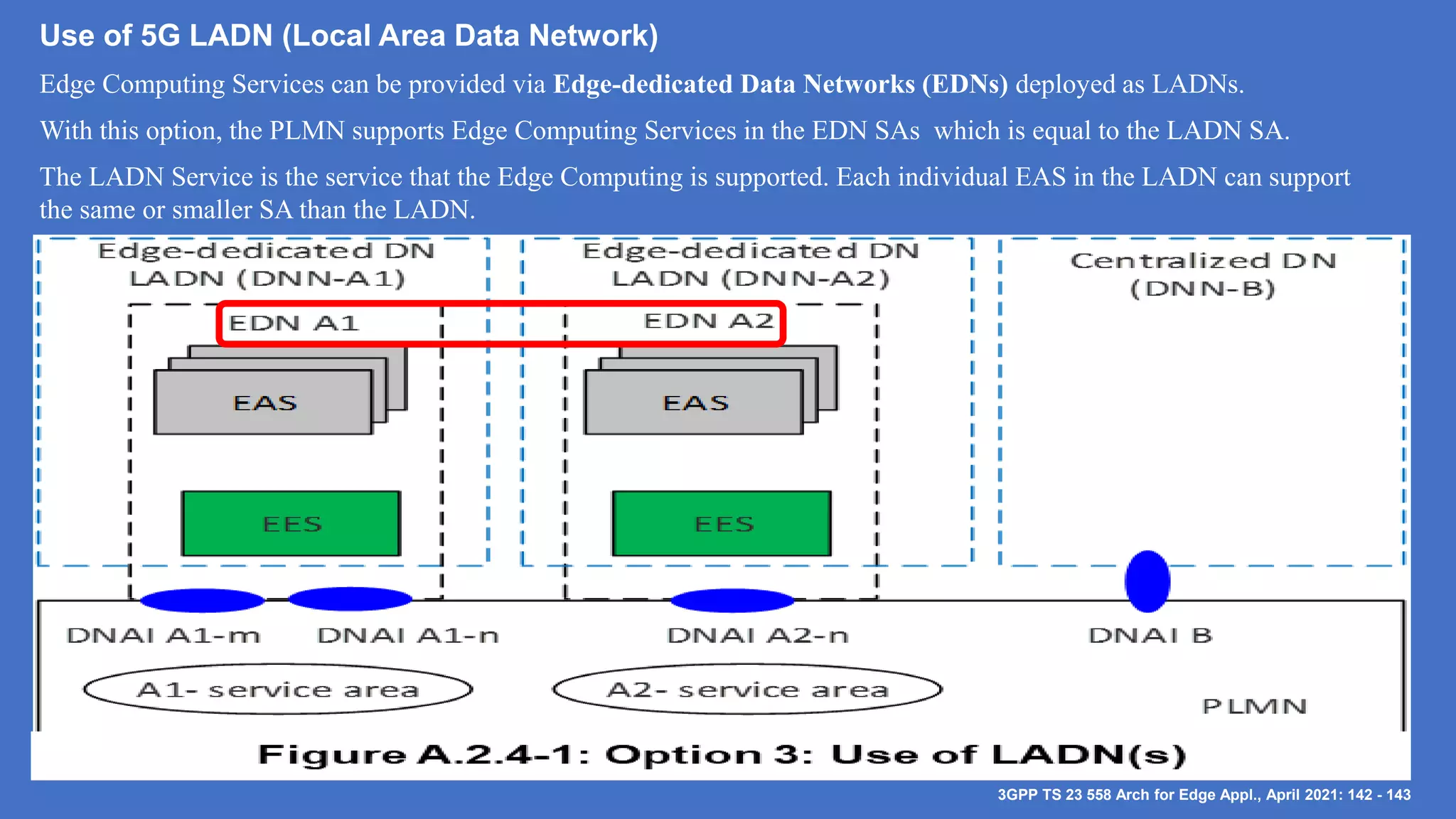 Use of 5G LADN (Local Area Data Network)
Edge Computing Services can be provided via Edge-dedicated Data Networks (EDNs) deployed as LADNs.
With this option, the PLMN supports Edge Computing Services in the EDN SAs which is equal to the LADN SA.
The LADN Service is the service that the Edge Computing is supported. Each individual EAS in the LADN can support
the same or smaller SA than the LADN.
3GPP TS 23 558 Arch for Edge Appl., April 2021: 142 - 143
 