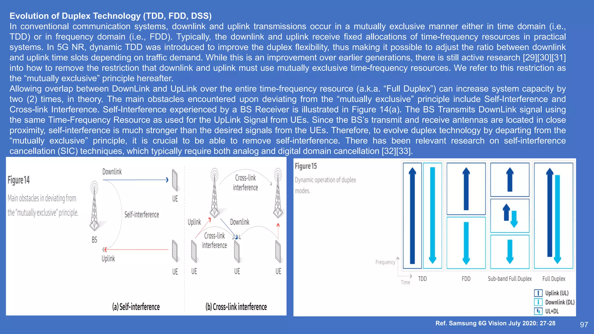 97
Ref. Samsung 6G Vision July 2020: 27-28
Evolution of Duplex Technology (TDD, FDD, DSS)
In conventional communication systems, downlink and uplink transmissions occur in a mutually exclusive manner either in time domain (i.e.,
TDD) or in frequency domain (i.e., FDD). Typically, the downlink and uplink receive fixed allocations of time-frequency resources in practical
systems. In 5G NR, dynamic TDD was introduced to improve the duplex flexibility, thus making it possible to adjust the ratio between downlink
and uplink time slots depending on traffic demand. While this is an improvement over earlier generations, there is still active research [29][30][31]
into how to remove the restriction that downlink and uplink must use mutually exclusive time-frequency resources. We refer to this restriction as
the “mutually exclusive” principle hereafter.
Allowing overlap between DownLink and UpLink over the entire time-frequency resource (a.k.a. “Full Duplex”) can increase system capacity by
two (2) times, in theory. The main obstacles encountered upon deviating from the “mutually exclusive” principle include Self-Interference and
Cross-link Interference. Self-Interference experienced by a BS Receiver is illustrated in Figure 14(a). The BS Transmits DownLink signal using
the same Time-Frequency Resource as used for the UpLink Signal from UEs. Since the BS’s transmit and receive antennas are located in close
proximity, self-interference is much stronger than the desired signals from the UEs. Therefore, to evolve duplex technology by departing from the
“mutually exclusive” principle, it is crucial to be able to remove self-interference. There has been relevant research on self-interference
cancellation (SIC) techniques, which typically require both analog and digital domain cancellation [32][33].
 