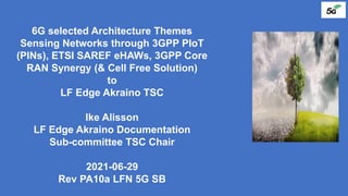 6G selected Architecture Themes
Sensing Networks through 3GPP PIoT
(PINs), ETSI SAREF eHAWs, 3GPP Core
RAN Synergy (& Cell Free Solution)
to
LF Edge Akraino TSC
Ike Alisson
LF Edge Akraino Documentation
Sub-committee TSC Chair
2021-06-29
Rev PA10a LFN 5G SB
 
