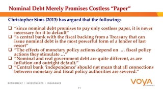 Nominal Debt Merely Promises Costless “Paper” 
Christopher Sims (2013) has argued that the following: 
 “since nominal debt promises to pay only costless paper, it is never 
necessary for it to default” 
 “a central bank with the fiscal backing from a Treasury that can 
issue nominal debt is the most powerful form of a lender of last 
resort” 
 “The effects of monetary policy actions depend on … fiscal policy 
actions they stimulate …” 
 “Nominal and real government debt are quite different, as are 
inflation and outright default.” 
 “Central bank ‘independence’ should not mean that all connections 
between monetary and fiscal policy authorities are severed.” 
11 
 