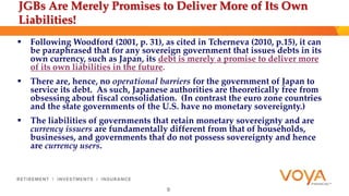 JGBs Are Merely Promises to Deliver More of Its Own 
Liabilities! 
 Following Woodford (2001, p. 31), as cited in Tcherneva (2010, p.15), it can 
be paraphrased that for any sovereign government that issues debts in its 
own currency, such as Japan, its debt is merely a promise to deliver more 
of its own liabilities in the future. 
 There are, hence, no operational barriers for the government of Japan to 
service its debt. As such, Japanese authorities are theoretically free from 
obsessing about fiscal consolidation. (In contrast the euro zone countries 
and the state governments of the U.S. have no monetary sovereignty.) 
 The liabilities of governments that retain monetary sovereignty and are 
currency issuers are fundamentally different from that of households, 
businesses, and governments that do not possess sovereignty and hence 
are currency users. 
9 
 