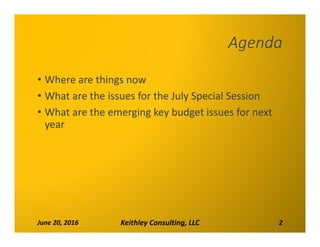 Agenda
• Where are things now
• What are the issues for the July Special Session
• What are the emerging key budget issues...