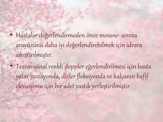 • Hastalar değerlendirmeden önce mesane- seroza
arayüzünü daha iyi değerlendirebilmek için idrara
sıkıştırılmıştır.
• Transvajinal renkli doppler eğerlendirilmesi için hasta
yatar pozisyonda, dizler fleksiyonda ve kalçanın hafif
elevasyonu için bir adet yastık yerleştirilmiştir.
 