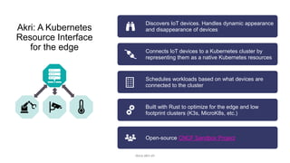 Akri: A Kubernetes
Resource Interface
for the edge
Discovers IoT devices. Handles dynamic appearance
and disappearance of devices
Connects IoT devices to a Kubernetes cluster by
representing them as a native Kubernetes resources
Schedules workloads based on what devices are
connected to the cluster
Built with Rust to optimize for the edge and low
footprint clusters (K3s, MicroK8s, etc.)
Open-source CNCF Sandbox Project
docs.akri.sh
 