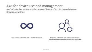 Akri for device use and management
Akri’s Controller automatically deploys “brokers” to discovered devices.
Brokers are either:
Long-running Kubernetes Pods – Ideal for device use Single-task Kubernetes Jobs to discovered devices –
Ideal for device management (introduced in Akri v0.8.4)
docs.akri.sh
 