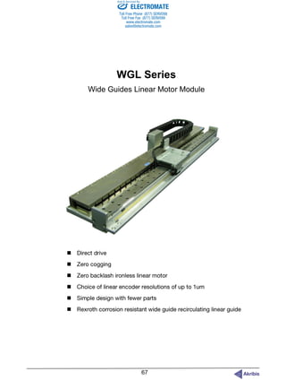 WGL Series
Wide Guides Linear Motor Module






ELECTROMATE
Toll Free Phone (877) SERVO98
Toll Free Fax (877) SERV099
www.electromate.com
sales@electromate.com
Sold & Serviced By:
 
