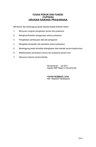 TUGAS POKOK DAN FUNGSI
(TUPOKSI)

URUSAN SARANA PRASARANA
Membantu dan bertanggung jawab kepada Kepala Sekolah dalam:
1.

Menyusun program pengadaan sarana dan prasarana

2.

Mengkoordinasikan penggunaan sarana prasarana

3.

Pengelolaan pembiayaan alat-alat pengajaran

4.

Mengelola perawatan dan perbaikan sarana prasarana

5.

Bertanggung jawab terhadap kelengkapan data sekolah secara keseluruhan

6.

Melaksanakan pembukuan sarana dan prasarana secara rutin

7.

Menyusun laporan secara berkala

Kersamanah, Juli 2011
Kepala SMP Negeri 2 Kersamanah

YAYAH RUSMIATI, S.Pd
NIP 196202071983022003

Hal 6

 
