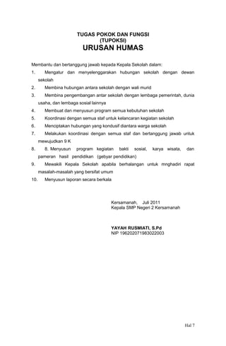 TUGAS POKOK DAN FUNGSI
(TUPOKSI)

URUSAN HUMAS
Membantu dan bertanggung jawab kepada Kepala Sekolah dalam:
1.

Mengatur dan menyelenggarakan hubungan sekolah dengan dewan
sekolah

2.

Membina hubungan antara sekolah dengan wali murid

3.

Membina pengembangan antar sekolah dengan lembaga pemerintah, dunia
usaha, dan lembaga sosial lainnya

4.

Membuat dan menyusun program semua kebutuhan sekolah

5.

Koordinasi dengan semua staf untuk kelancaran kegiatan sekolah

6.

Menciptakan hubungan yang kondusif diantara warga sekolah

7.

Melakukan koordinasi dengan semua staf dan bertanggung jawab untuk
mewujudkan 9 K

8.

8. Menyusun

program kegiatan

bakti

sosial,

karya wisata,

dan

pameran hasil pendidikan (gebyar pendidikan)
9.

Mewakili Kepala Sekolah apabila berhalangan untuk mnghadiri rapat
masalah-masalah yang bersifat umum

10.

Menyusun laporan secara berkala

Kersamanah, Juli 2011
Kepala SMP Negeri 2 Kersamanah

YAYAH RUSMIATI, S.Pd
NIP 196202071983022003

Hal 7

 
