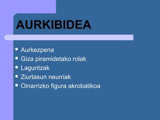 AURKIBIDEA
 Aurkezpena
 Giza  piramidetako rolak
 Laguntzak
 Ziurtasun neurriak
 Oinarrizko figura akrobatikoa
 