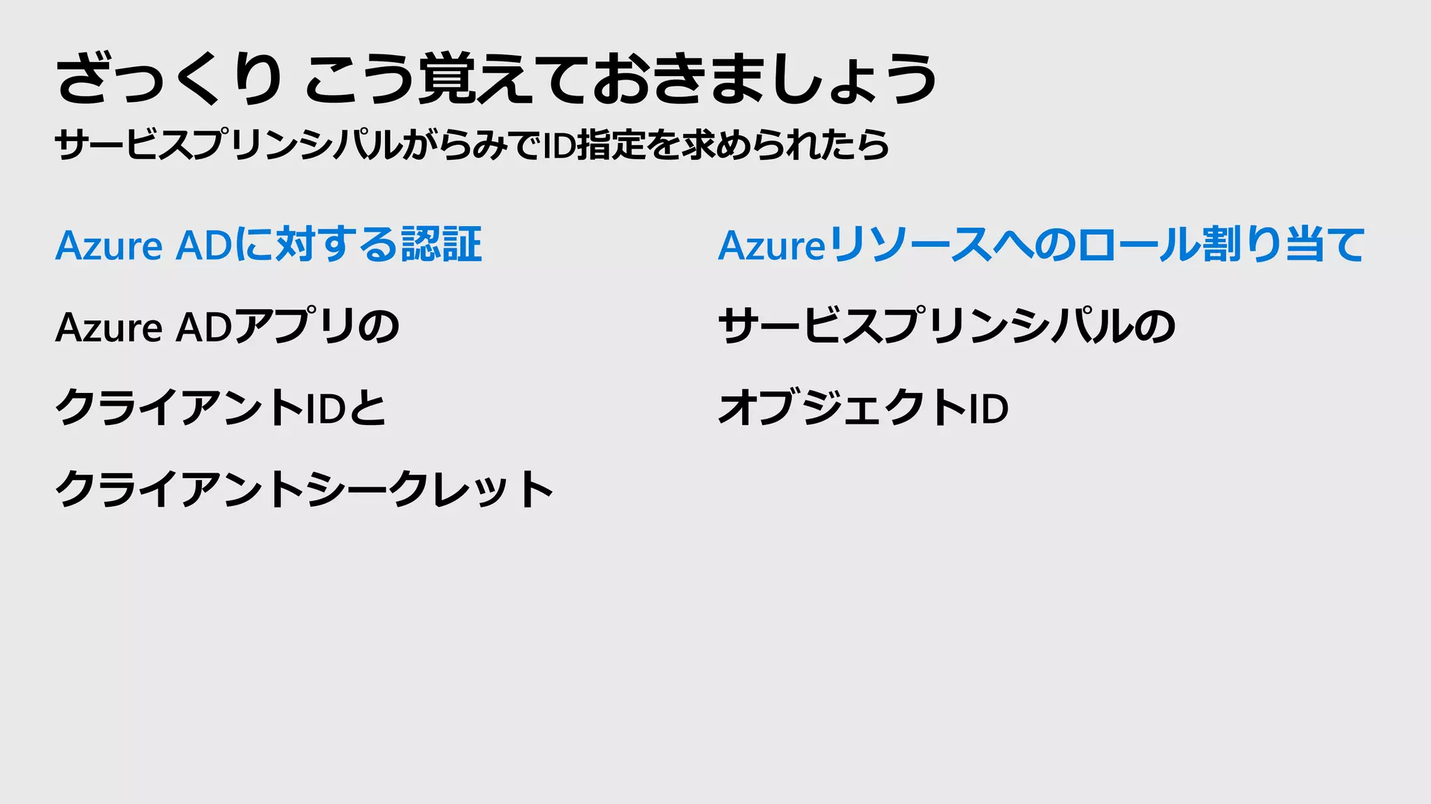 ざっくり こう覚えておきましょう
サービスプリンシパルがらみでID指定を求められたら
Azureリソースへのロール割り当て
サービスプリンシパルの
オブジェクトID
Azure ADに対する認証
Azure ADアプリの
クライアントIDと
クライアントシークレット
 
