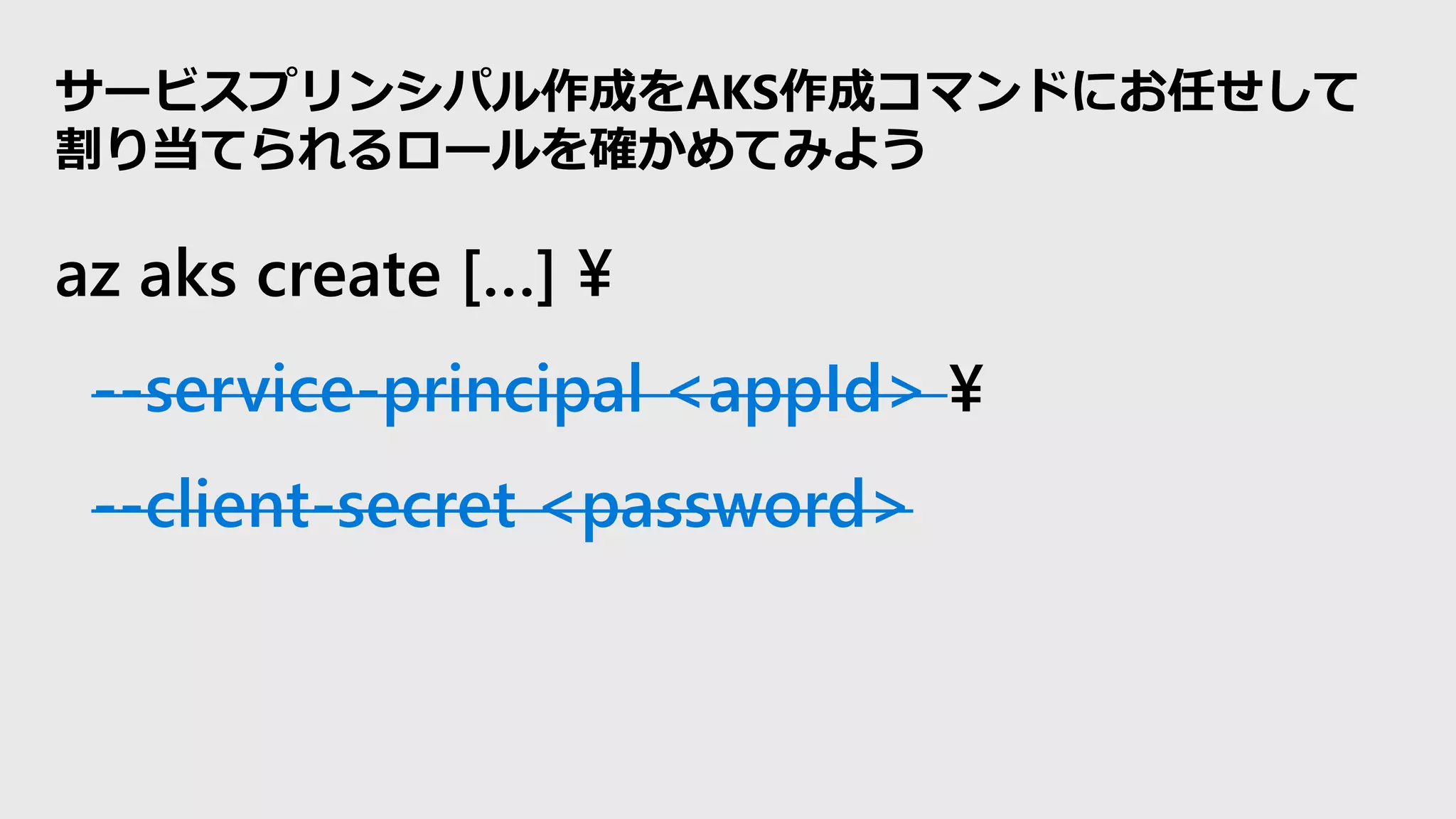 az aks create […] ¥
--service-principal <appId> ¥
--client-secret <password>
サービスプリンシパル作成をAKS作成コマンドにお任せして
割り当てられるロールを確かめてみよう
 