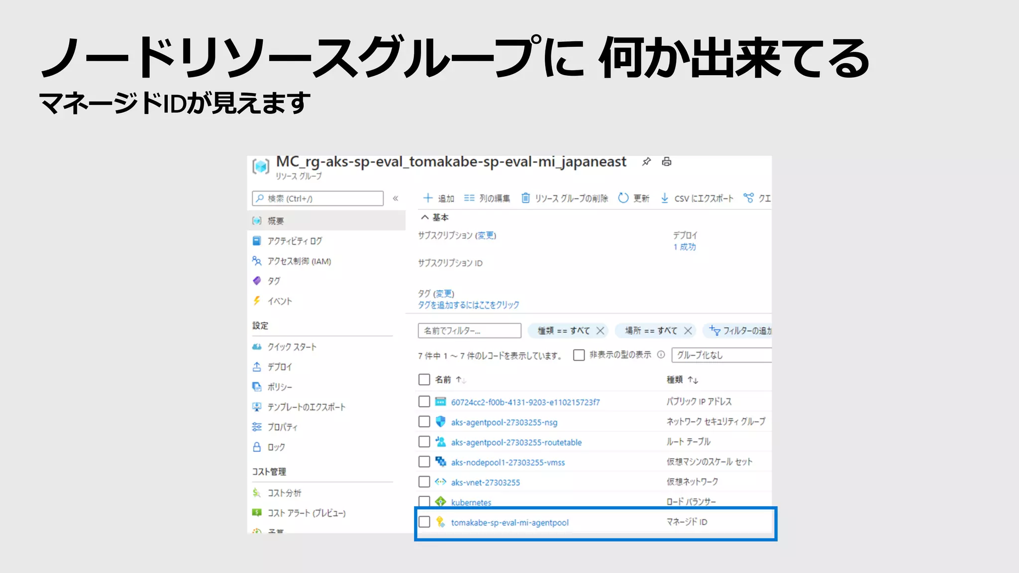ノードリソースグループに 何か出来てる
マネージドIDが見えます
 