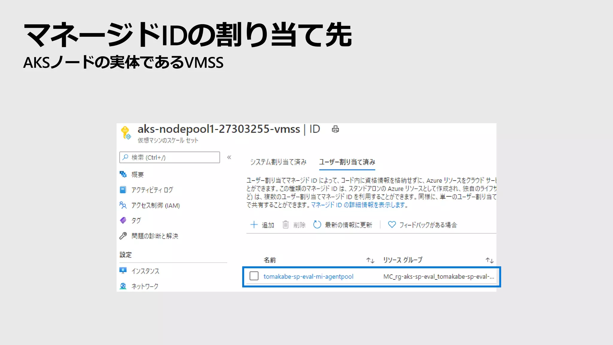 マネージドIDの割り当て先
AKSノードの実体であるVMSS
 