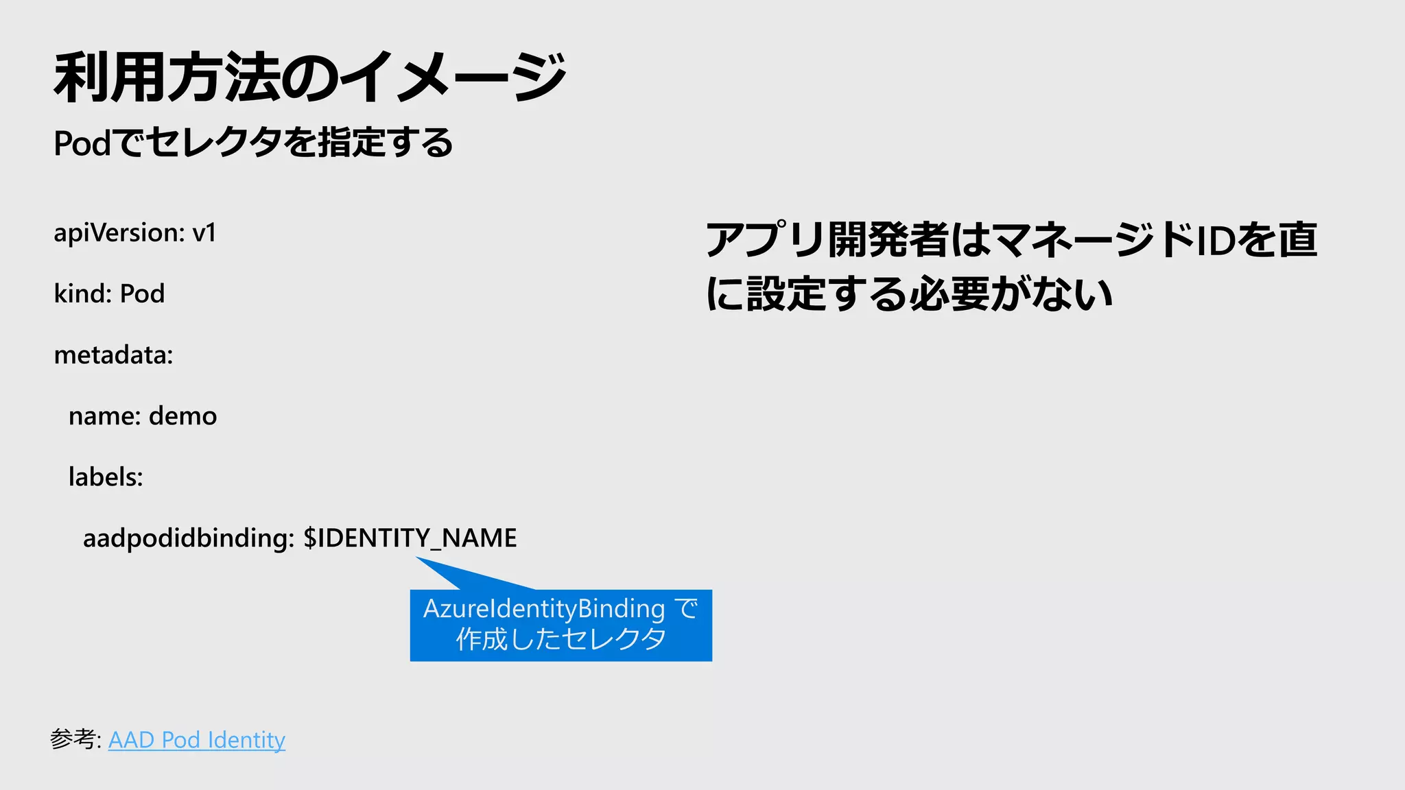 利用方法のイメージ
Podでセレクタを指定する
apiVersion: v1
kind: Pod
metadata:
name: demo
labels:
aadpodidbinding: $IDENTITY_NAME
参考: AAD Pod Identity
AzureIdentityBinding で
作成したセレクタ
アプリ開発者はマネージドIDを直
に設定する必要がない
 