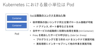 Kubernetes における最小単位は Pod
Container
Container
Pod
Pod は複数のコンテナを束ねた物
• 依存関係の強いコンテナ同士を繋げローカル接続が可能
• IP アドレス, ポート番号などを共有
• 自作サービスの起動前に初期化処理を実施 (Init Container)
• Proxy を経由したサービス呼び出し (Side Car: Envoy)
• プログラミングで言う所の AOP をコンテナで実現可能
• 実処理前にインターセプトして他の作業を実施可能
 