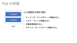Pod の特徴
Container
Container
Pod
Pod は揮発性で単体で動作
• ローリング・アップグレード機能はなし
• ヘルス・チェック機能はなし
• 自動修復機能はなし
• スケール・オートスケール機能もなし
 